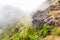 View from the tourist trail to the peak of Ruivo in Madeira on vegetation and dry tree skeletons in fog clouds.