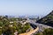 View toward West Los Angeles on a hazy day; heavy traffic on highway 405; California