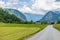 A view towards an alpine village approaching lake Bohinj in Slovenia