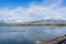 View towards Mission and Monument Peak; coots swimming on a salt pond; Don Edwards Wildlife Refuge, south San Francisco bay,