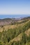 View towards the Pacific Ocean and Pillar Point Harbor from Purisima Creek Redwoods Park on a clear day, California