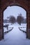 View towards the road in winter from the gate to the Hame Castle (Tavastia Caste) in Finland