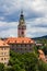 View of tower of Cesky Krumlov castle, Czech republic