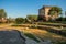 View of the tower clock garden on top of the hill in the light of sunset at Draguignan.