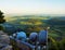 View from tower of meteorological observatory with many parabolic satellites to morning countryside. Spring morning