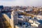 View of the tower of the Southern Railway building and the central street of the city of Voronezh Revolution Avenue