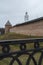 View of the towers of Novgorod Kremlin from the bridge over the moat, Russia