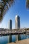 View at the towers in Port Olympic, the Olympic harbor in Barcelona, Catalonia, Spain