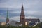 View on the towers of Riga Cathedral, St Peters Church and the E