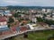 View of the town of Doboj and the hilly countryside from the Gradina fortress on the hill above the town during a cloudy summer