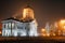 View of the Town Hall and Cathedral in the fog in Minsk at night, Belarus