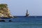 View of the town lighthouse Tourlitis and the sea Greece, island Andros, Cyclades