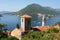 View of town Perast, island of Saint George and Verige Strait in Kotor Bay
