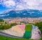 View of the track of the Bergisel ski jump stadium overlooking Innsbruck town in Austria....IMAGE
