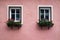 View of traditional Alps house with windows and flowers