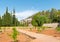 View of a traditional Majorcan rural manor house. Main facade and surroundind orchard.