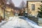 View of traditional stone buildings and streets with snow at the famous village of Nymfaio near Florina, Greece