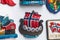 View of traditional tourist souvenirs and gifts from Lofoten Islands, Nordland, Norway, fridge magnets with text