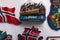 View of traditional tourist souvenirs and gifts from Lofoten Islands, Nordland, Norway, fridge magnets with text