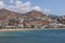 View of the traditional, white buildings in port, Ios, Greece