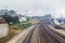 View from train cabin of turn right under bridge