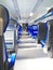 View of train carriage with blue seats. Travel concept