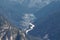 View from Tre Cime peaks dolomites into the valley into the village Auronzo di Cadore Italy