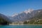 View from Tre Cime peaks dolomites into the valley into the village Auronzo di Cadore Italy