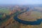 View of the Trigorskoe estate and the Sorot river, October morning aerial photography. Pushkin Mountains