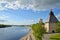 View of Trinity Cathedral, fortress tower with Olginsky bridge o