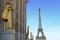 View from Trocadero with golden statues on Eiffel tower, Paris