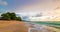 View of tropical beach at Koh Lanta island, Thailand. Bar on the beach are prepared for tourist during beautiful sunset. Soft