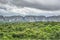 View of a tropical landscape, with forest and mountains Pungo Andongo, Pedras Negras , black stones, huge geologic rock elements