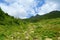 View at Tsashkibuli mountain pass in Caucasus Mountains on a hiking trail leading to Silver lakes in Georgia