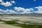 View of Tso Kar Lake in the Karakorum Mountains near Leh India. This lake is a frequent destination for tourists.