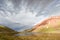 View of Tulpar Kul lake in Kyrgyzstan during the storm