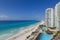 View of the turquoise sea of â€‹â€‹Cancun and the many hotels that are in the area