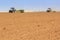 view of two tractors sowing in field in spring