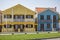 View of typical Costa Nova beach house, colorful striped wooden beach houses