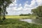 View on a typical landscape in the Netherlands. A perfect dutch sky with beautiful clouds, trees, a pond and green grass