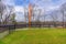 View of typical nondescript high school softball left outfield orange foul pole