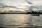 View of U-Bein bridge, built of teak wood, during sunset, in Taungthaman Lake near Mandalay, Burma