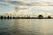 View of U-Bein bridge, built of teak wood, during sunset, in Taungthaman Lake near Mandalay, Burma