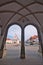 View from under the arcades on town hall square in Bardejov town during summer