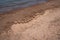 View of an undulating sand castle hill or wall with perfectly smooth round balls or spheres of wet sand placed on the ridge that