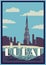 View on the United Arab Emirates famous landmark. Dubai architecture concept art, retro poster. Vector illustration