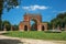 View of the unusual facade of theater in the Villa Pamphili Park on a sunny day in Rome.