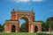 View of the unusual facade of theater in the Villa Pamphili Park on a sunny day in Rome.