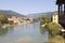 View up the Brenta River from the Ponte Vecchio designed by Palladio in 1569, Bassano del Grappa, Vicenza, Veneto, italy