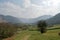 View up a pastoral valley in the English Lake District: fields, trees, mountains